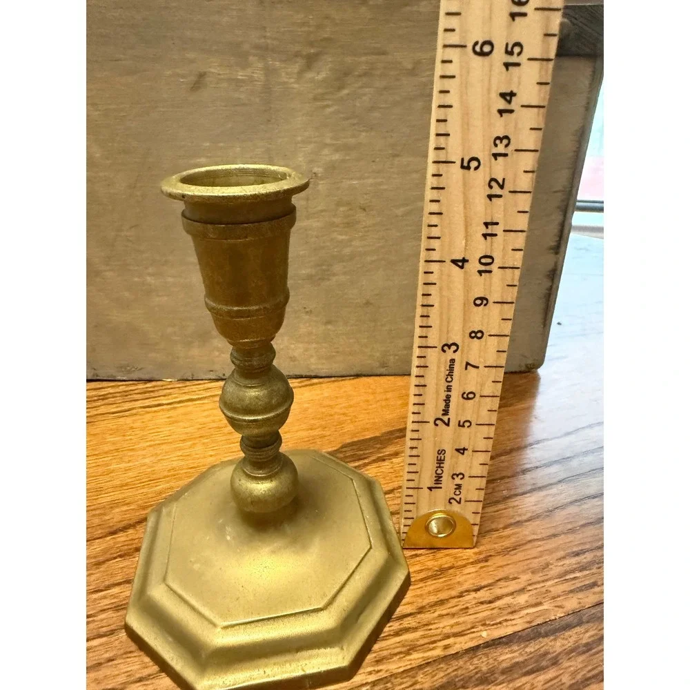 Vintage Brass Candlestick Holder Hexagonal Base Turned Stem Gold Taper Stand